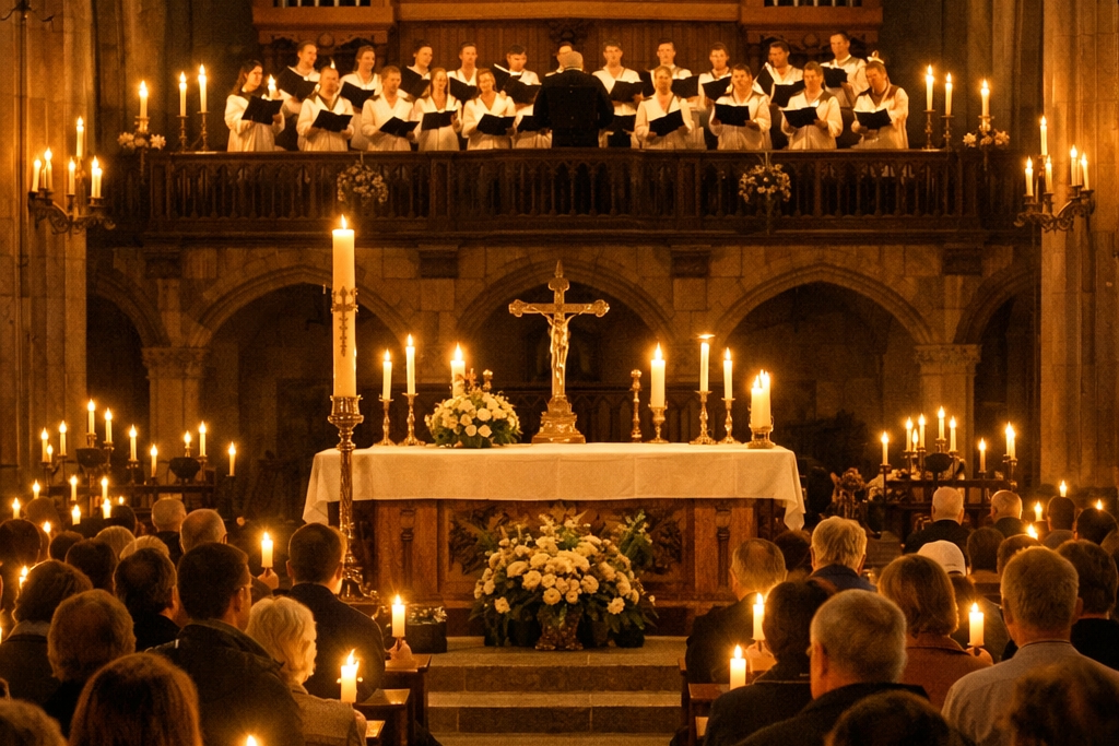 Ein Chor steht auf der Empore einer großen Kirche. In den Bänken sitzen Zuhörer. Die Kirche wird nur von Kerzen erleuchtet.